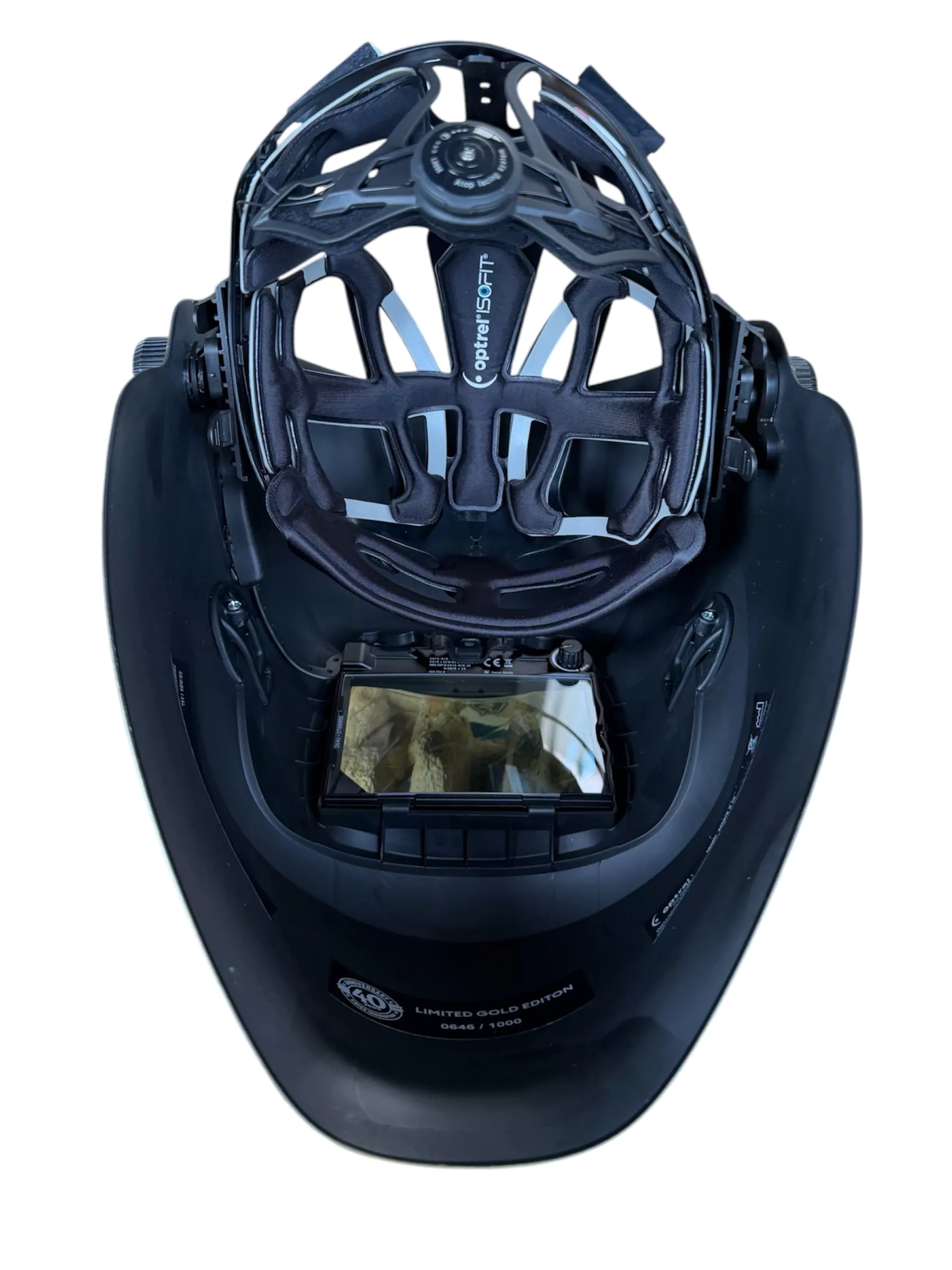 Optrel Sphere X CLT Limited Edition Gold Schweißhelm Innenansicht mit IsoFit X Kopfband.