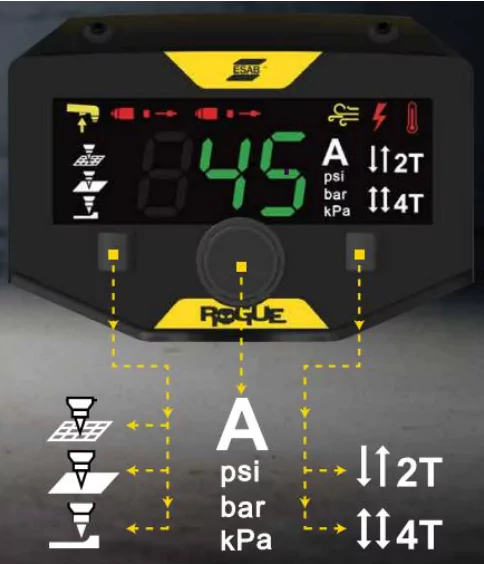 Plasmaschneidgerät Rogue EHP 45 ESAB mit hellem Display und Schnellzugriffstasten